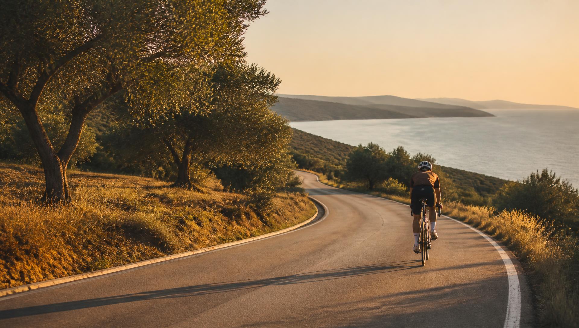 Cyclist on an empty coastal road at golden hour