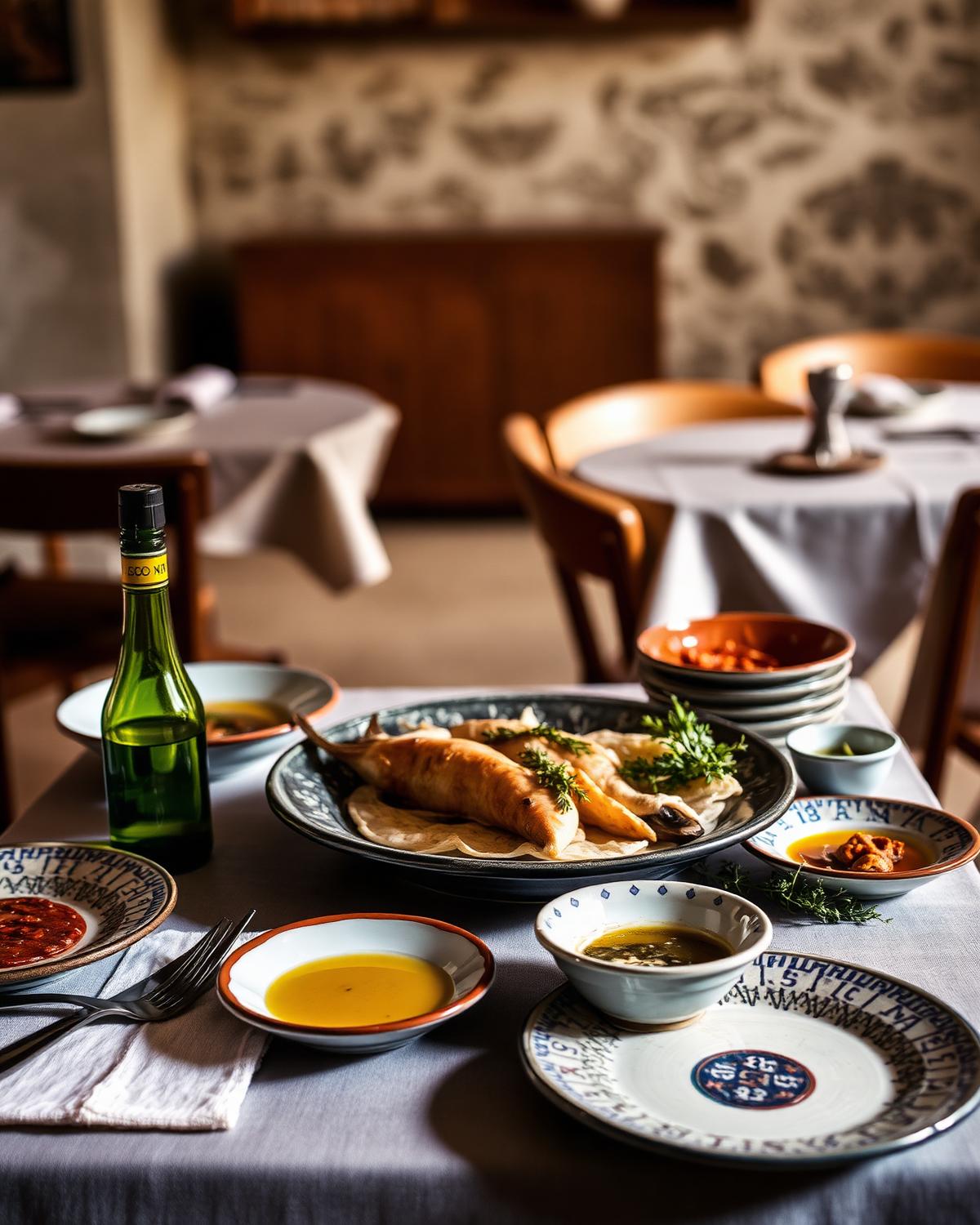 Sardinian table with fresh seafood, olive oil and bread